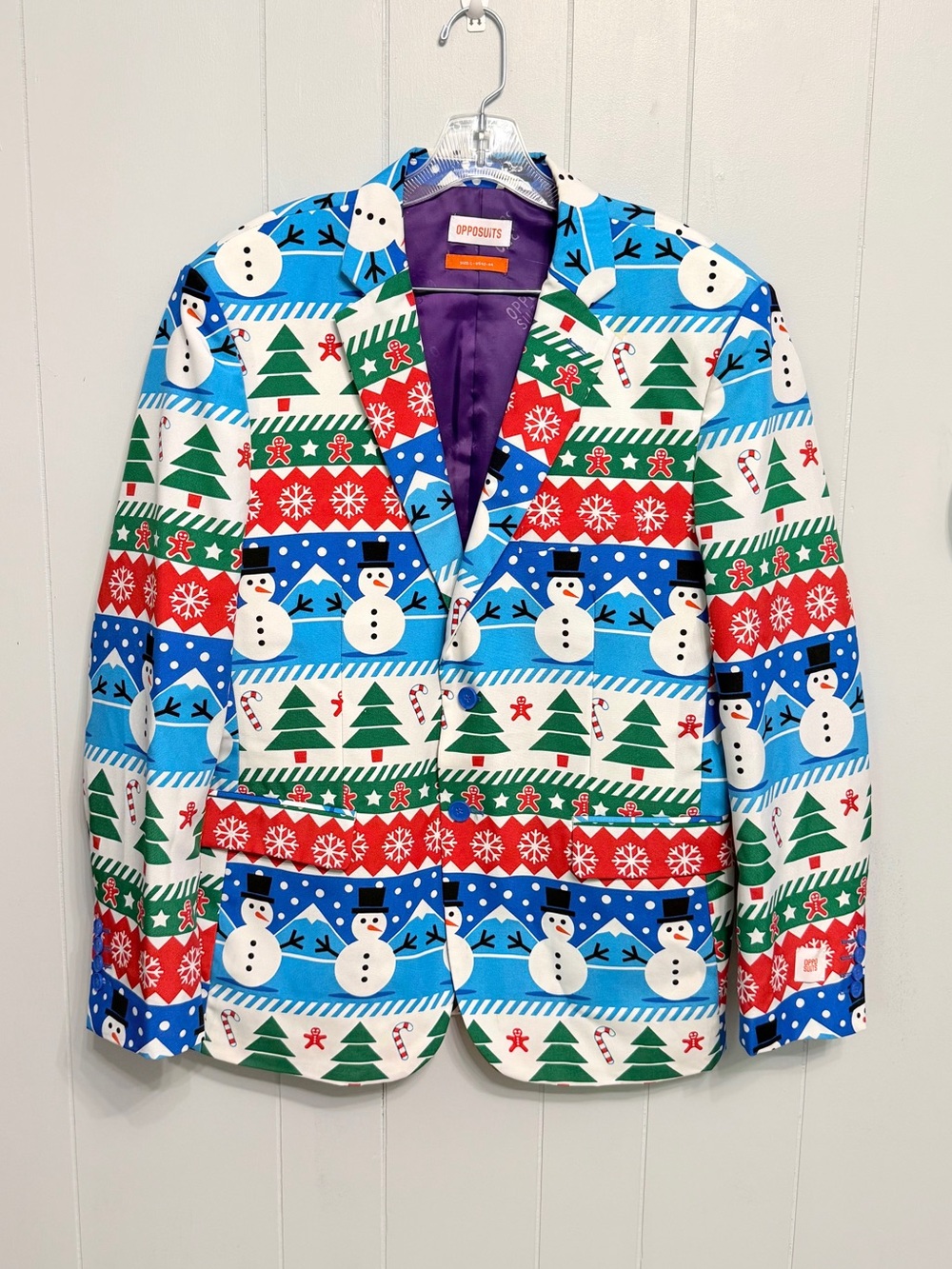 OppoSuits Blue, Red, Green & White Festive Snowman Blazer